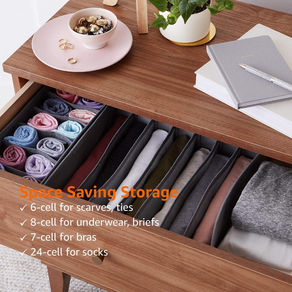 Amazon Basics Storage Box Drawer Organizer, Gray, for Dressers and Underwear, Set of 4