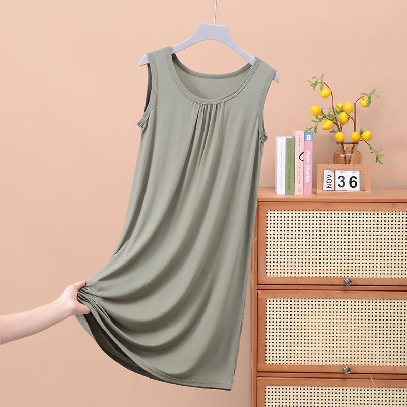Loose Pleated Sleeveless Vest Skirt Medium and Long Nightdress Home Pajamas Large Size Thin Women's Dress