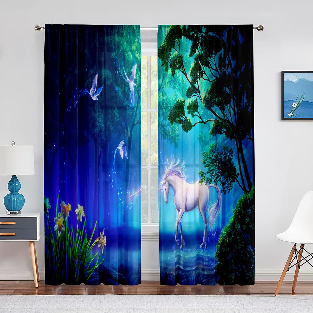 Fantasy Purple Cloud Unicorns Tulle Voile Curtains Bedroom Hotel Home Decor Sheer Curtains for Living Room Chiffon Printed Drape
