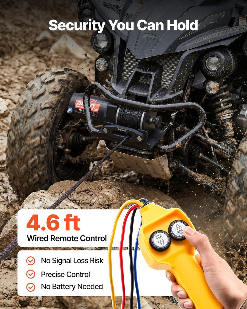 Wciągarka elektryczna 1134 kg, Wciągarka 12V DC do ATV/UTV z liną syntetyczną 4,8 mm x 12 m i przewodowym pilotem zdalnego sterowania, Wodoodporność IP55, Rolka prowadząca z aluminiową obudową