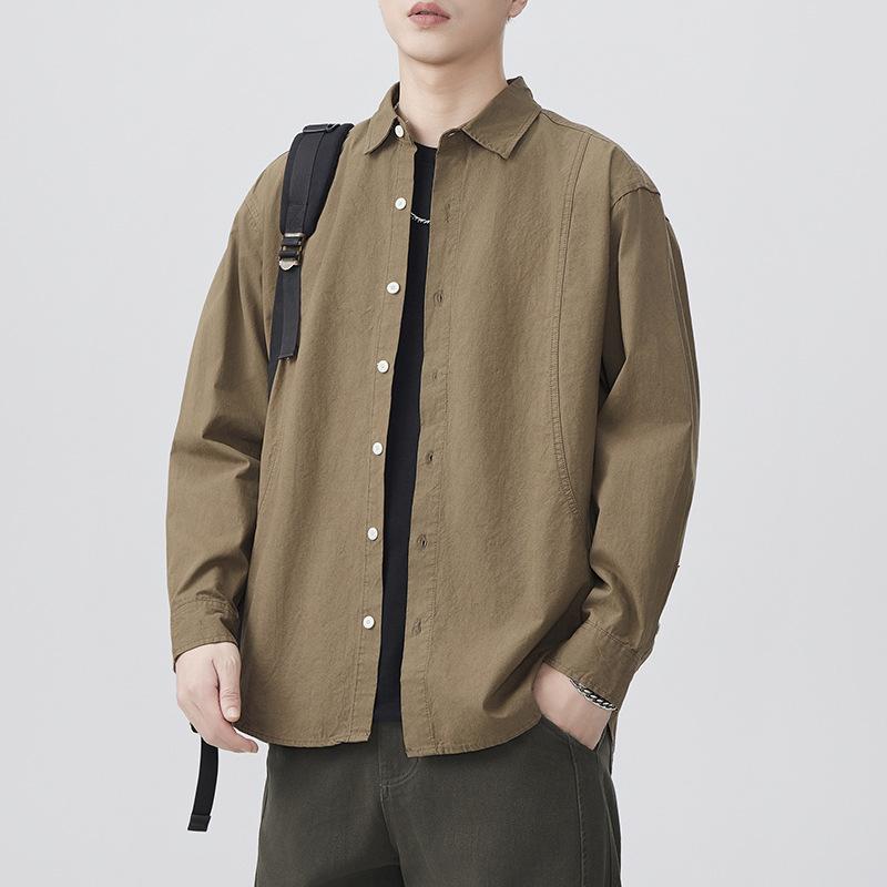 New Japanese Retro Spring Long-sleeved Casual Shirt for Men's Pure Cotton Shirt Solid Color Shirt