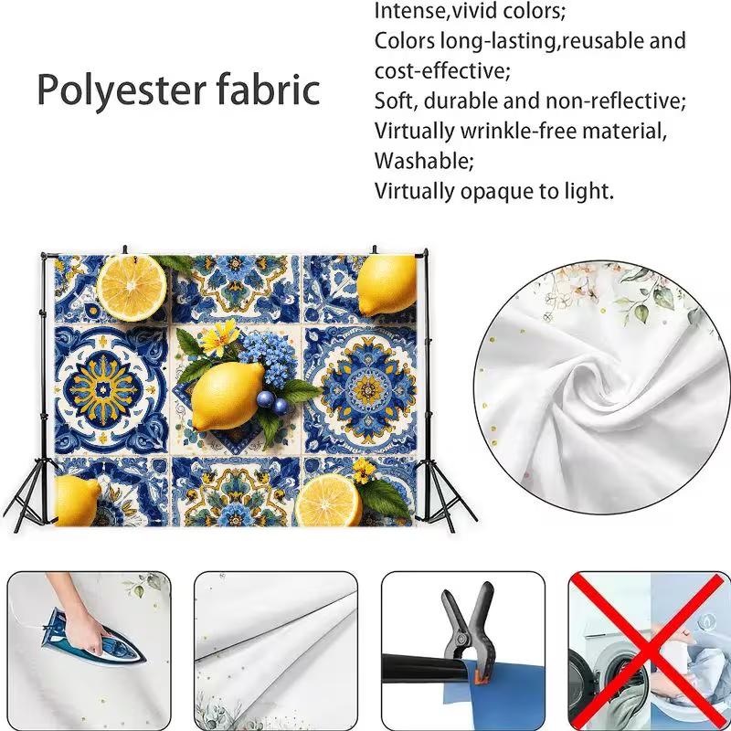 2D Mediterranean Lemon Backdrop, Blue Talavera Tiles with Lemons Photo Background