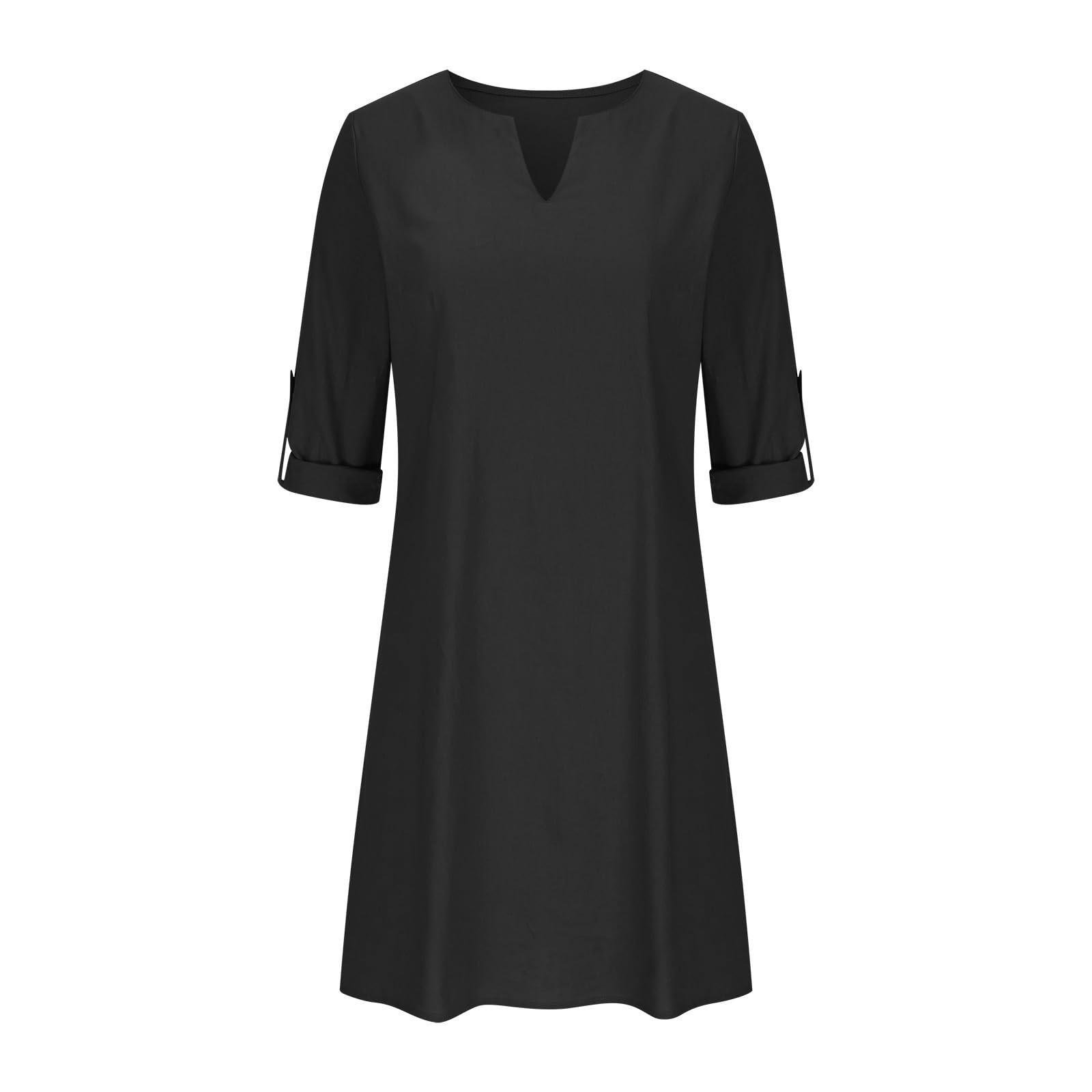 Женское летнее однотонное хлопково-льняное платье в стиле ретро с v-образным вырезом — фото 4