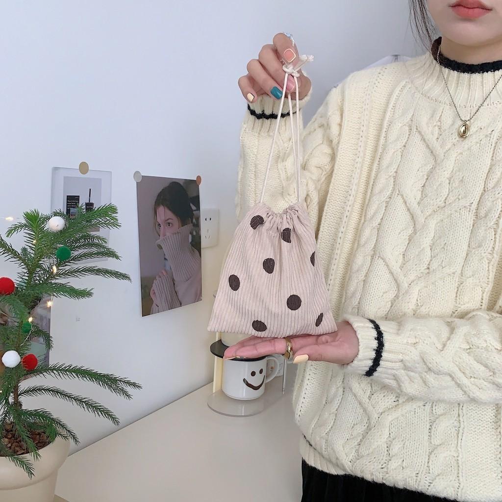 Vintage Corduroy Drawstring Cosmetic Bag Adorable Smiley Face Organizer Pouch