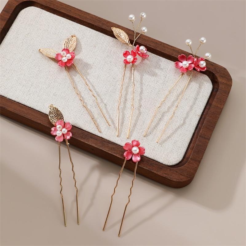5Pcs U Shaped Hairpin Flower Wedding Hair Clip Comb with Pearls Handmade Hair Accessories for Bride and Bridesmaids