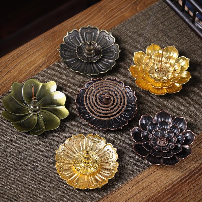 Alloy Incense Burner Stick Holder Buddhism Lotus Line Incense Plate Coil Base