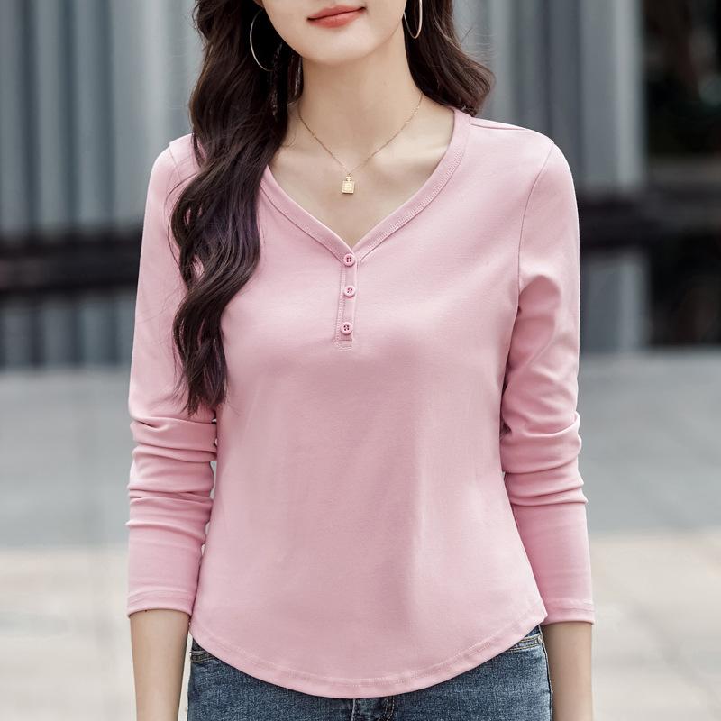 Autumn Women's V-neck Solid Colour Fashion Versatile Long-sleeved T-shirt