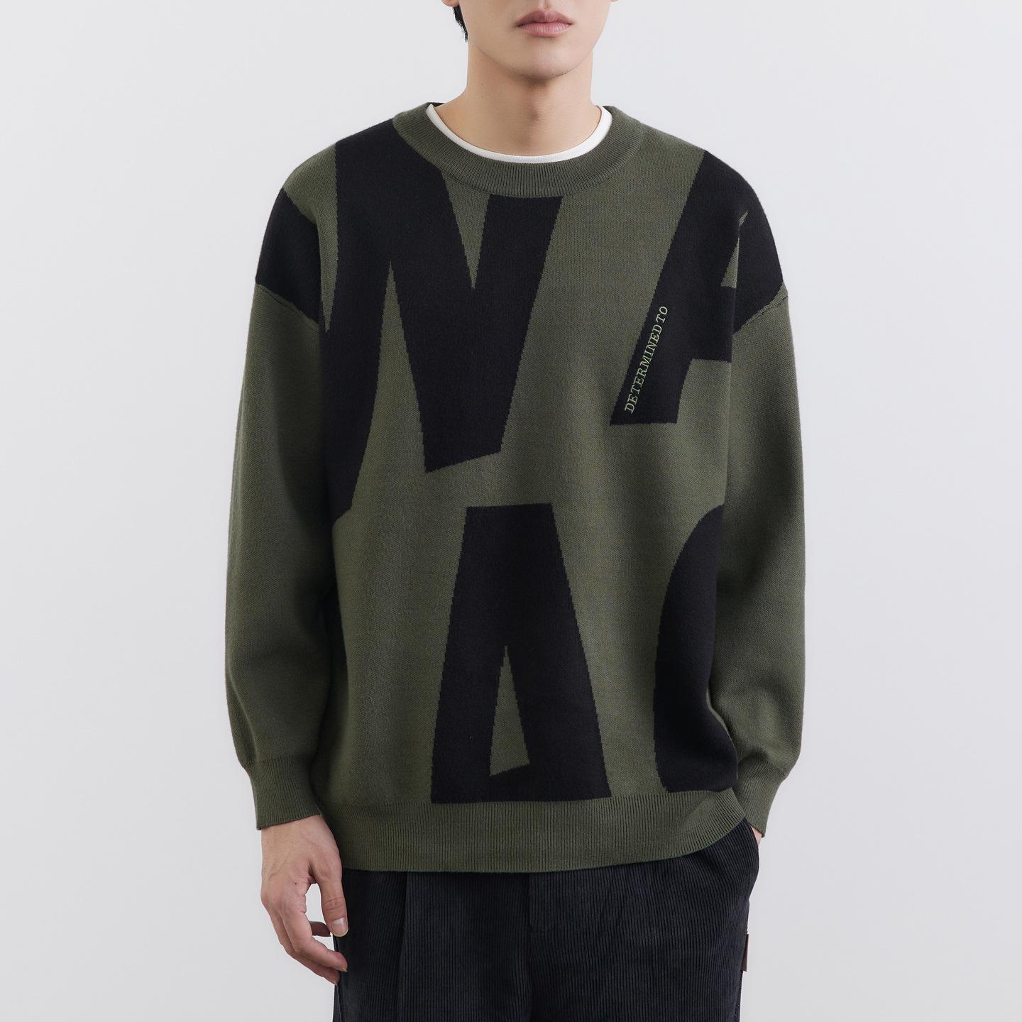 WOOG2005 Men s Trendy Jacquard Round Neck Sweater - 2025 Autumn/Winter Slightly Loose Knit Pullover Large