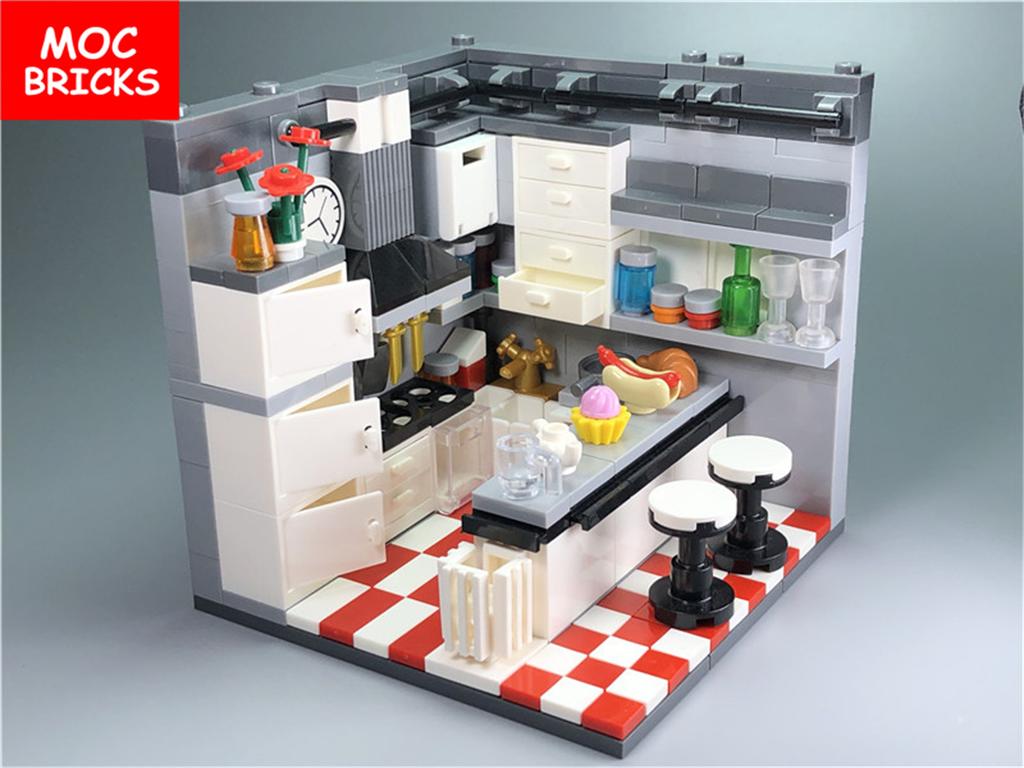 Set MOC Steine Haus Einrichtung Badezimmer Küche City Friends Haus Bauen Lernspielzeug Geschenk