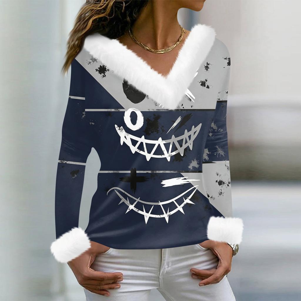 Women's Casual Long Sleeve V-Neck Halloween Print Top with Collar for Fall