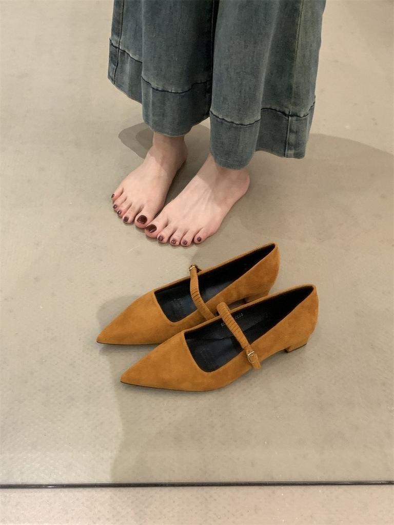 French thick heel pointed Mary Jane shoes 2025 new suede shallow mouth word with suede versatile single shoes