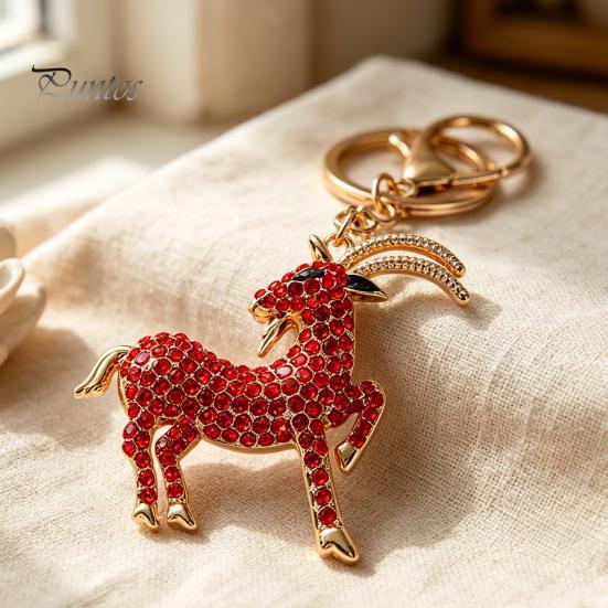 Decorative Backpack Accessory Goat Keychain with Sparkling Rhinestone, Golden Plated Sheep Alloy Rhinestone Keyring, Bling Animal Pendant for Handbag