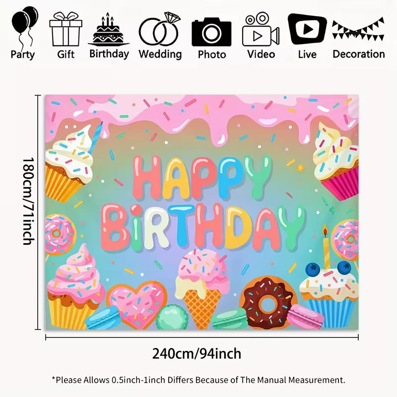 2D Dessert Themed Birthday Backdrop with Cupcakes, Donuts and Ice Cream Party Banner