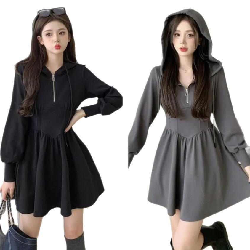 Large size black hooded casual sweater dress women's autumn and winter fat mm advanced feeling waist and thin A-shaped short skirt