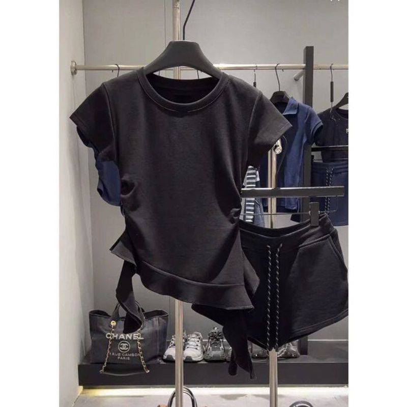 

Korean Style Gyaru round Neck Shoulder Short sleeve T-shirt Women Summer Slim fit Temperament Design Irregular Frill Top Black L