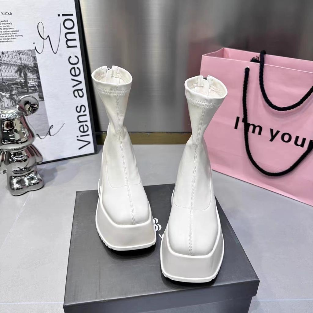 Damen High Top Stiefel Lässige Lederstiefel Schmale Elastische Stiefel Quadratische Zehenpartie Plateau-Stiefel Punk Stil Reißverschluss Kurze Stiefeletten