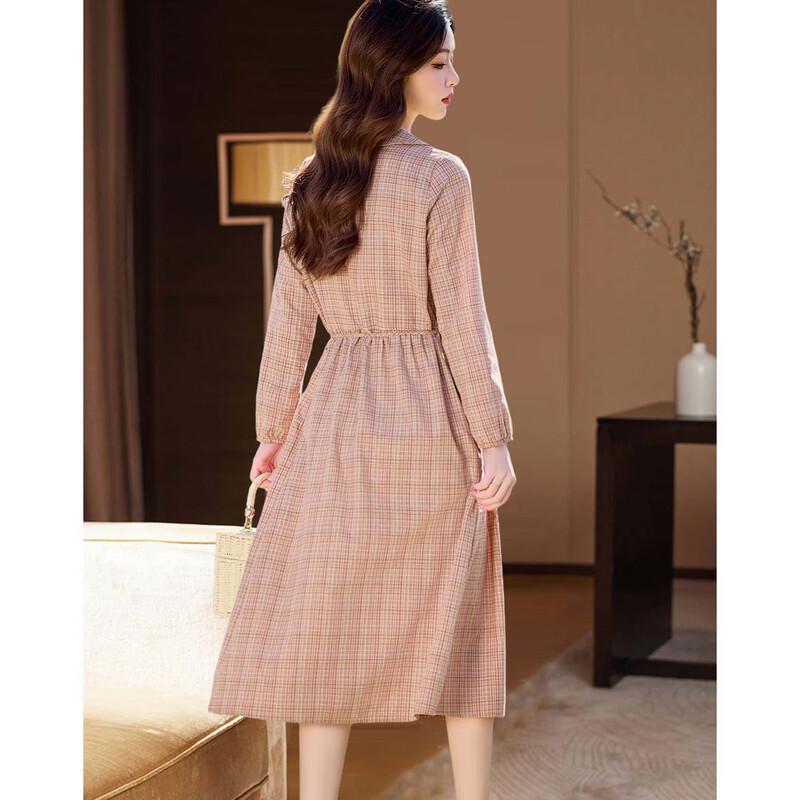 D.F.DEAR Women's 2026 Summer Plaid Peter Pan Collar Tie-Waist Long-Sleeve Dress