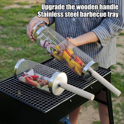 Edelstahl BBQ Grillkorb mit Holzgriff Rollkäfig für