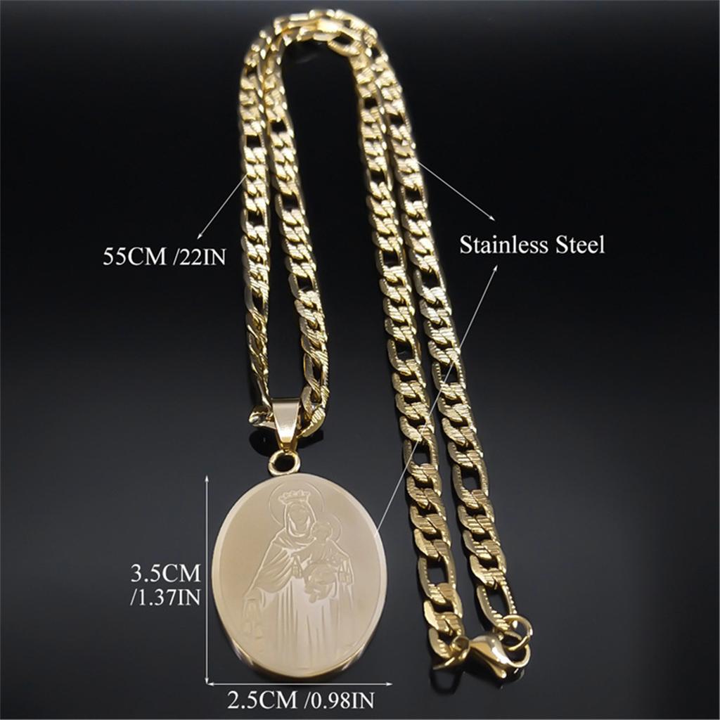 Oval Pendant Necklace for Women and Men Gold Plated Stainless Steel Clavicle Chain Adjustable Neckchain Catholic Jewelry