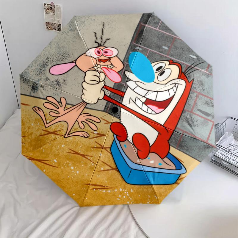 Ren and Stimpy pattern, automatic folding umbrella, portable and foldable design, 8 ribs, a Christmas or birthday gift.