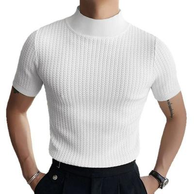 Summer New Casual Simple Knit Base Shirt Men's High Neck Water Ripple Solid Color T-shirt