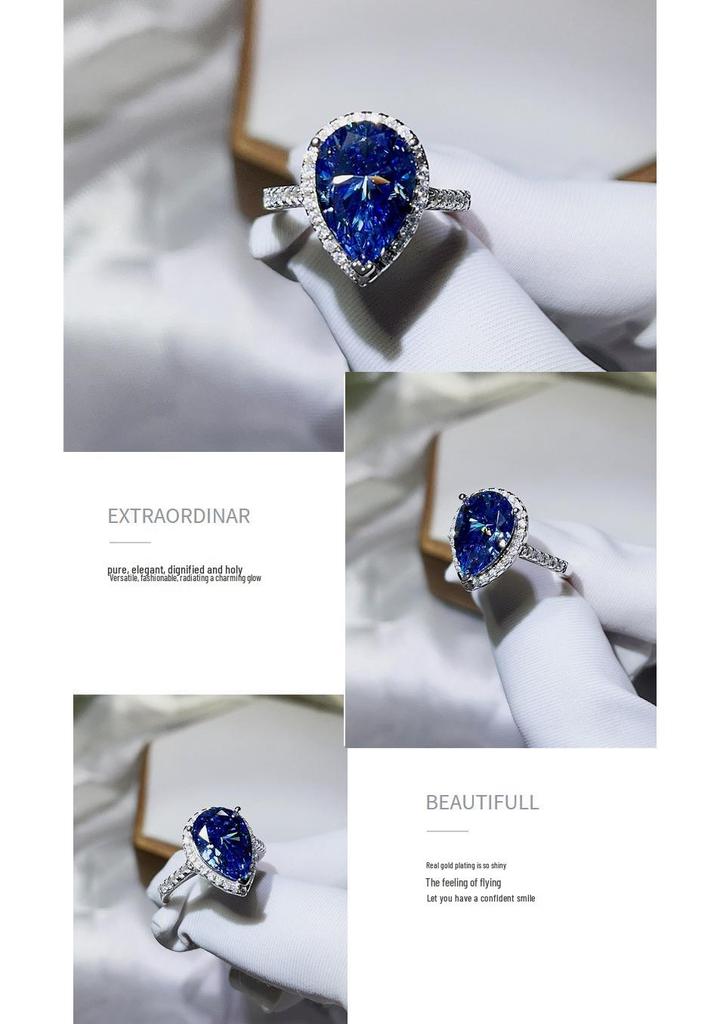 5 Carat Blue Water Drop Moissanite Women's Pear Shape Diamond Ring - Stylish European & American Fashion Bestseller.