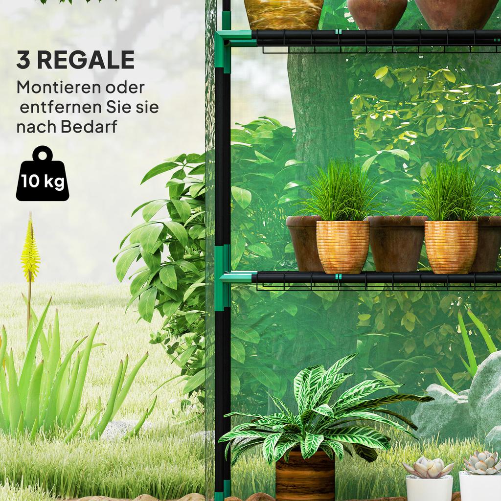 Greenhouse with Shelves, Mini Greenhouse, UV Resistant, Mesh Windows, Zip Door, 143L X 74W X 190H Cm, Green