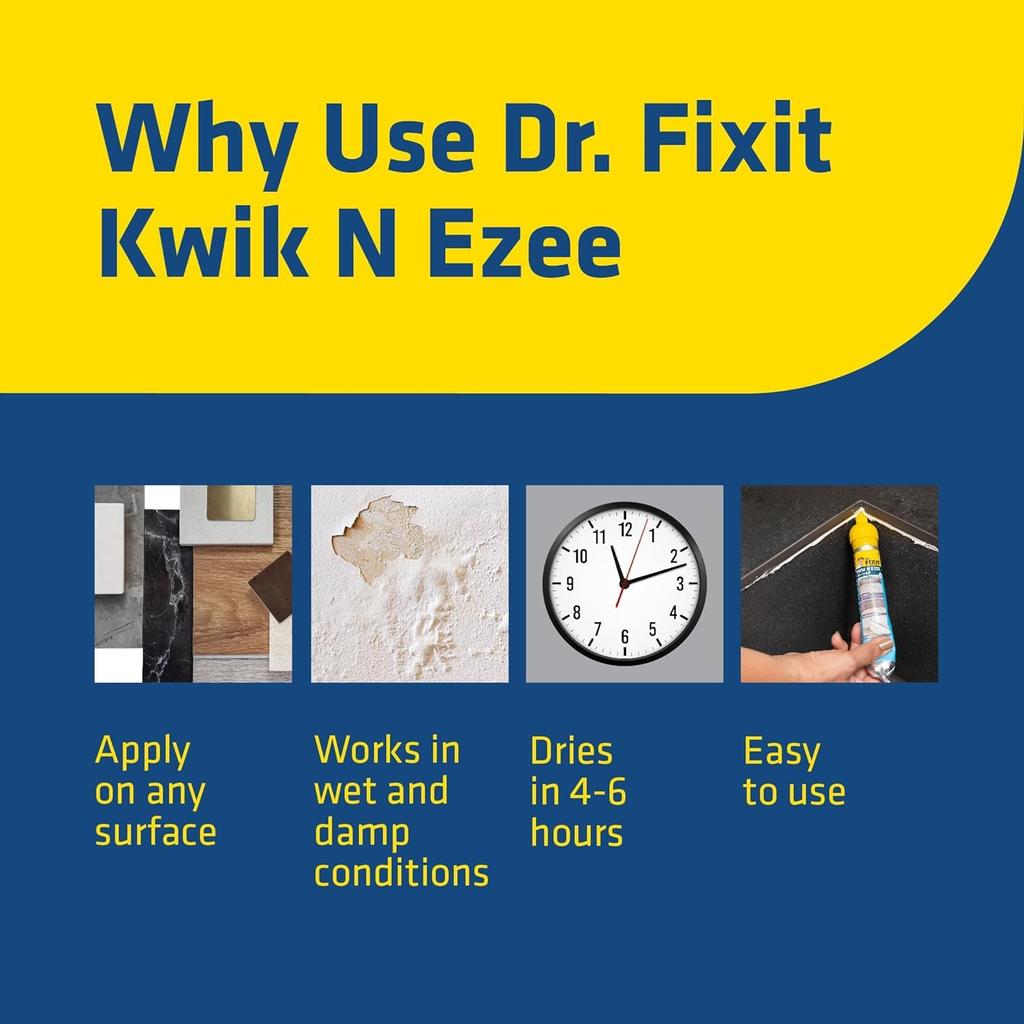 Dr. Fixit Kwik N Ezee Relleno para Grietas y Huecos en Paredes Paquete de 2 150g Sellador Blanco Impermeable para Reparaciones del Hogar