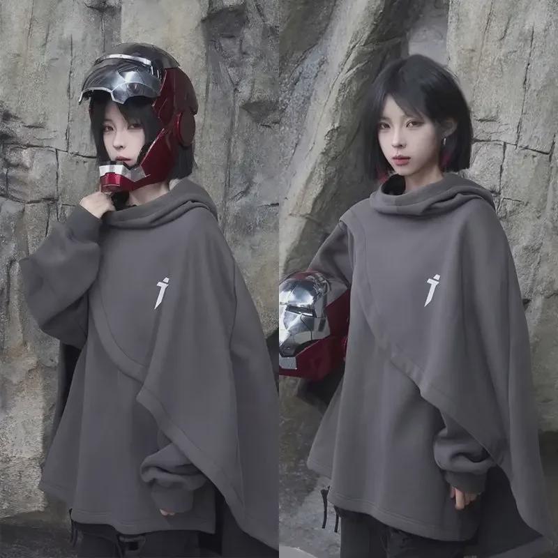 Męska bluza peleryna z wysokim kołnierzem – Luźna dwuczęściowa kurtka pulower z kapturem