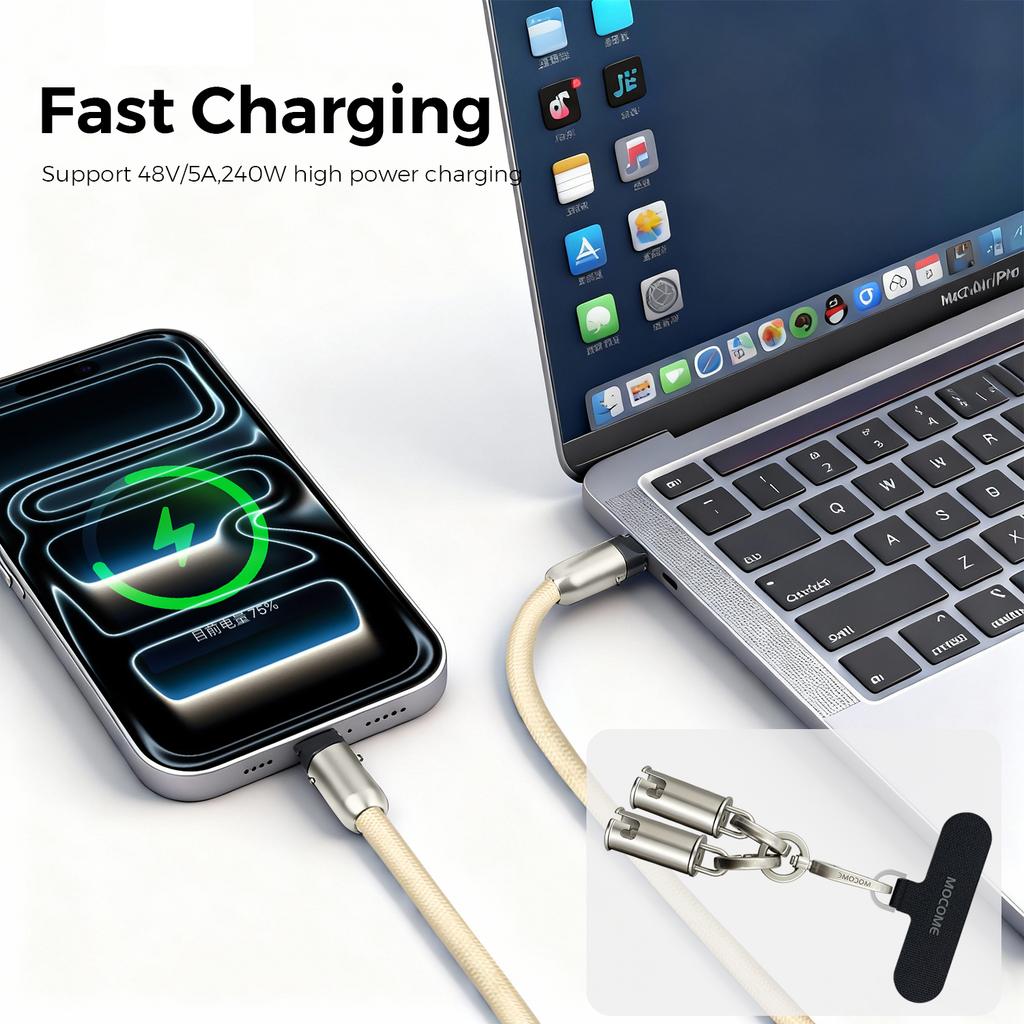 MOCOME W3 2 in 1 130cm Rechargeable Phone Lanyard 240W Fast Charging Cable Lanyard with Detachable Magnetic Clasp