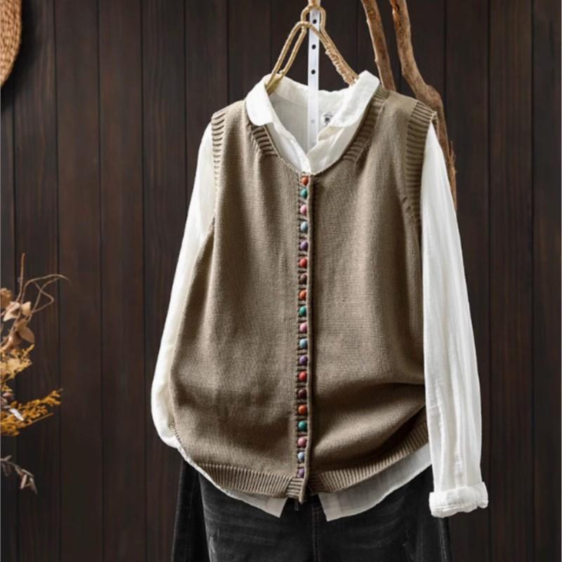 

Johnature Жіночі Вінтажні Пуловери Однотонні Без рукавів В язані Осінні Вільні Повсякденні Светри One Size хакі