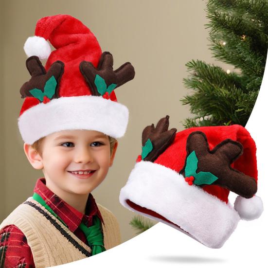 Christmas Hat with Deer Antler Red Short Plush Santa Hat with Pompom Holiday Costume Accessory for Christmas Party Supplies Photo Props