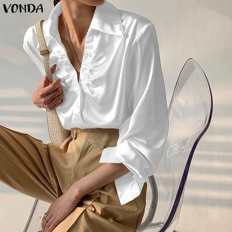 VONDA Elegant Women Pleating Lapel V Neck Long Sleeve Buttons Up Casual Office Shirts Blouse