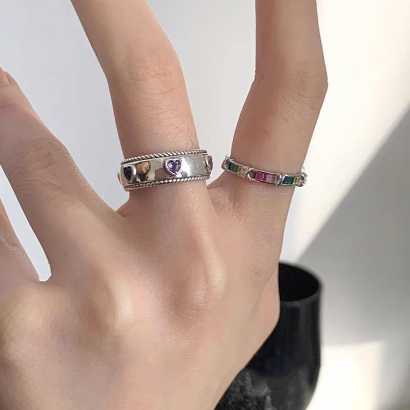 Summer Rainbow Zirconia Heart Shaped Adjustable Ring For Women Stylish Y2k Trend