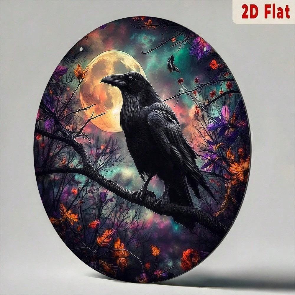 Gothic Raven Moon Metal Wall Art, Glowing Eyes Aluminum Sign