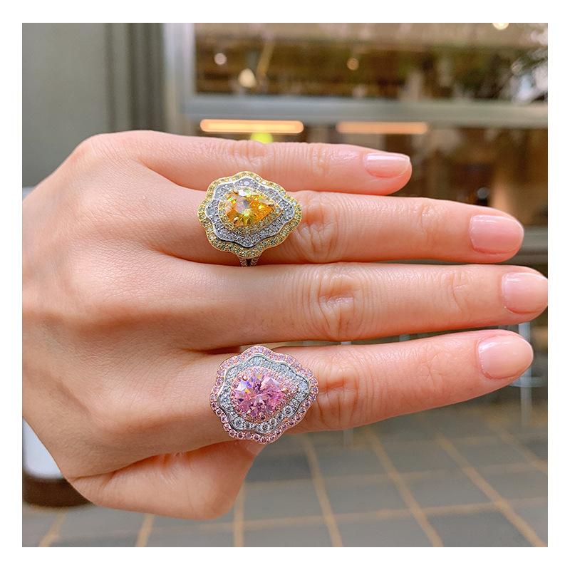 New Pink Ring With Micro Inlaid Pear Shaped Colored Jewelry Retro Exaggerated Zircon Female