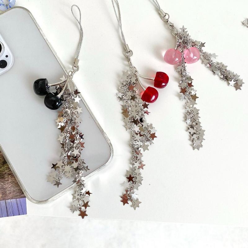 Y2K Vintage Cherry Star Tassel Chain Keyring Girly Cute Mobile Phone Lanyard Camera Pendant Key Accessories Gifts