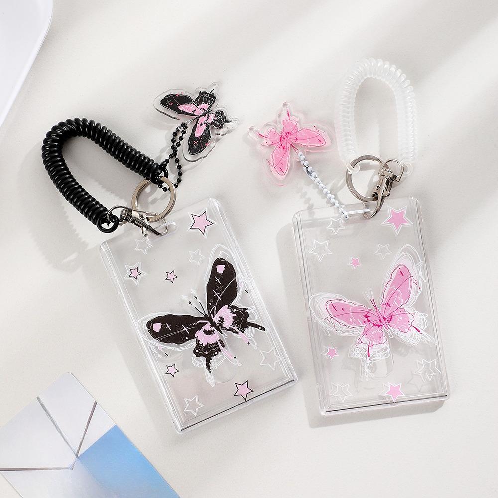 Korean Butterfly Transparent Card Holder Student Bus Cards Photo Sleeve Elastic Rope ID Credit Card Cover with Pendant