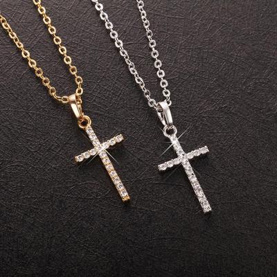 Fashionable Women's White Stone Cross Pendant Gold Silver Color Jesus Cross Pendant Necklace Jewelry Gifts