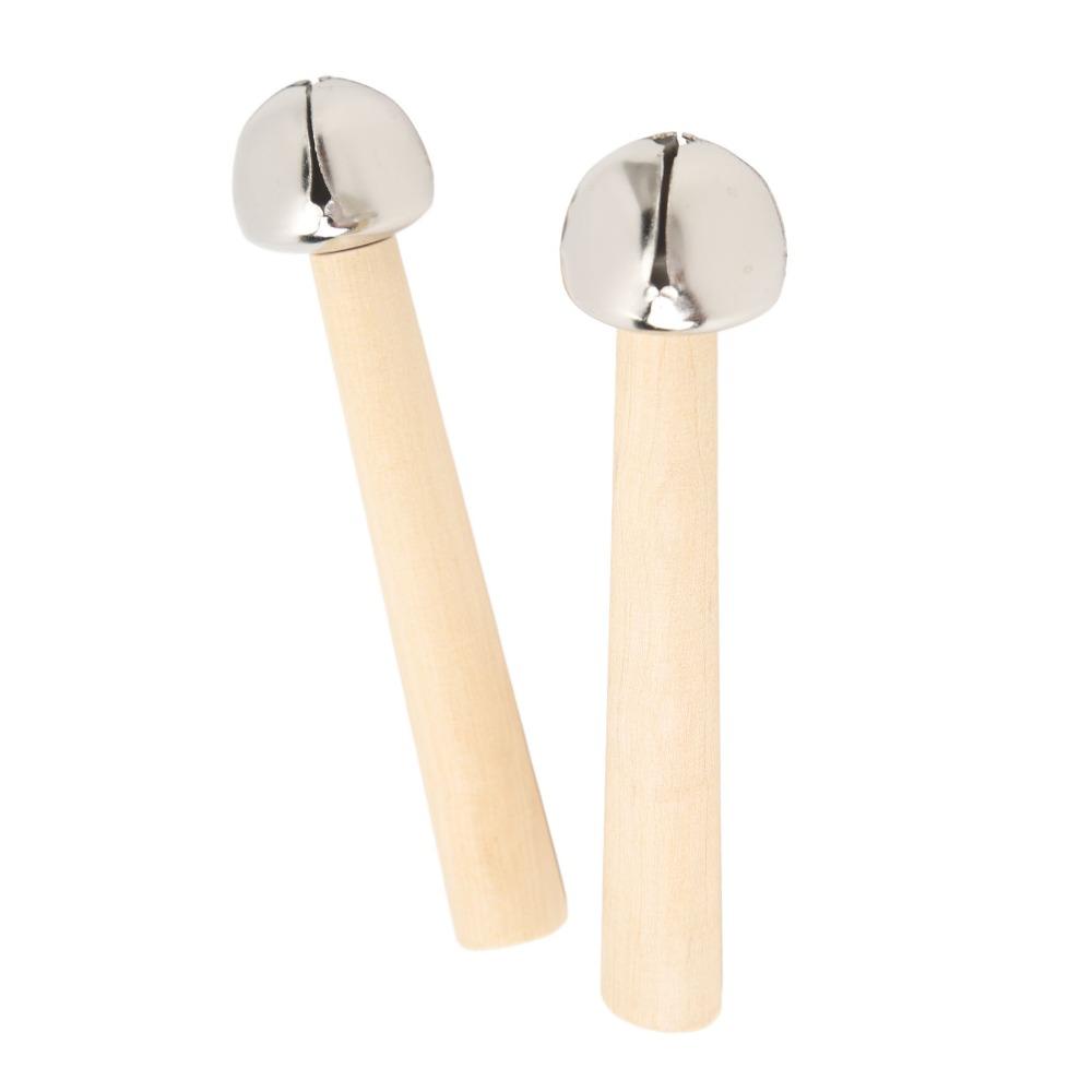 2PCS Silver+Wood Color Orff Hand Bells Clear Pleasant Sounds Wooden Hand Bells Music Learning