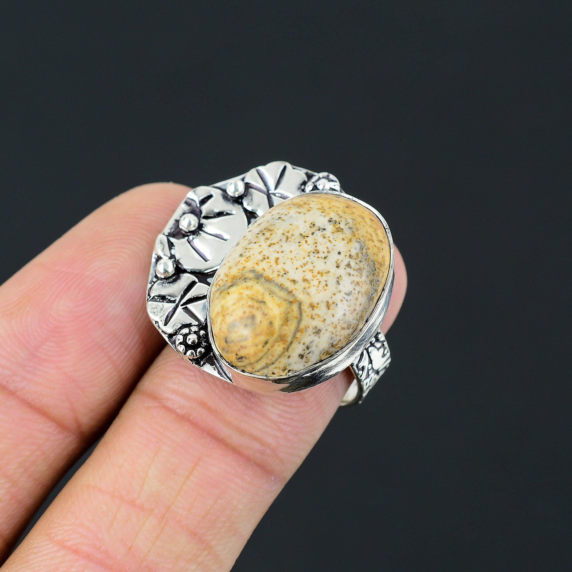 Gift For Her 925 Silver Natural Picture Jasper Multi Stone Ring Size 7.5 7.5