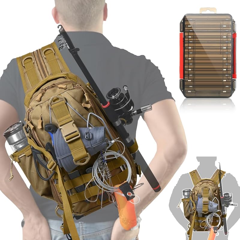 Aertiavty Fishing Backpack, Fishing Bag with Tackle Box, Compact Fishing Tackle Bag, Fishing Tackle Backpack with Rod Holder for Outdoor Sport
