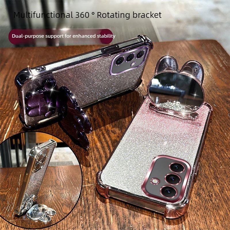 Glitter Mirror Rabbit Stand Holder Phone Case for Samusng Galaxy A57 A37 A17 A07 A56 A36 A26 A16 A55 A35 Four Corner Soft Cover