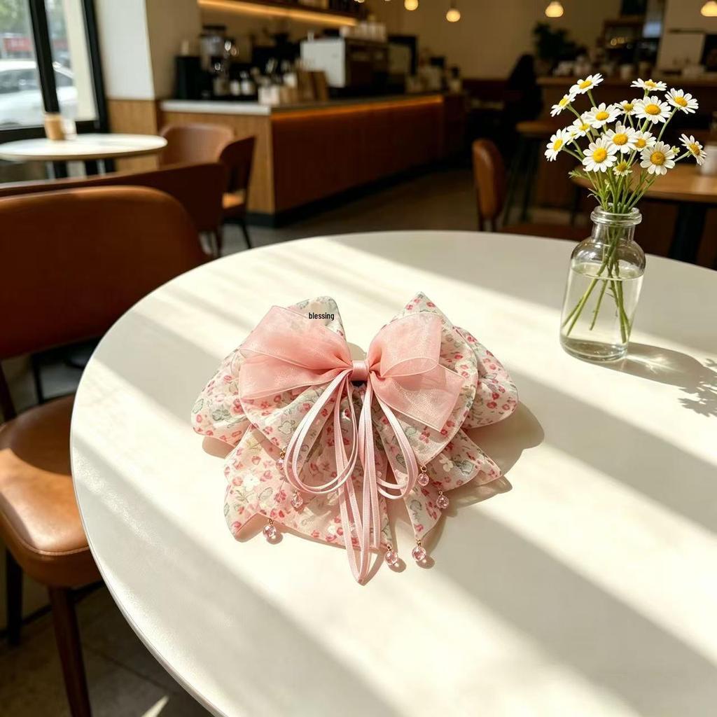 Handmade Chiffon Floral Bow Ponytail Clip for Voluminous Hair