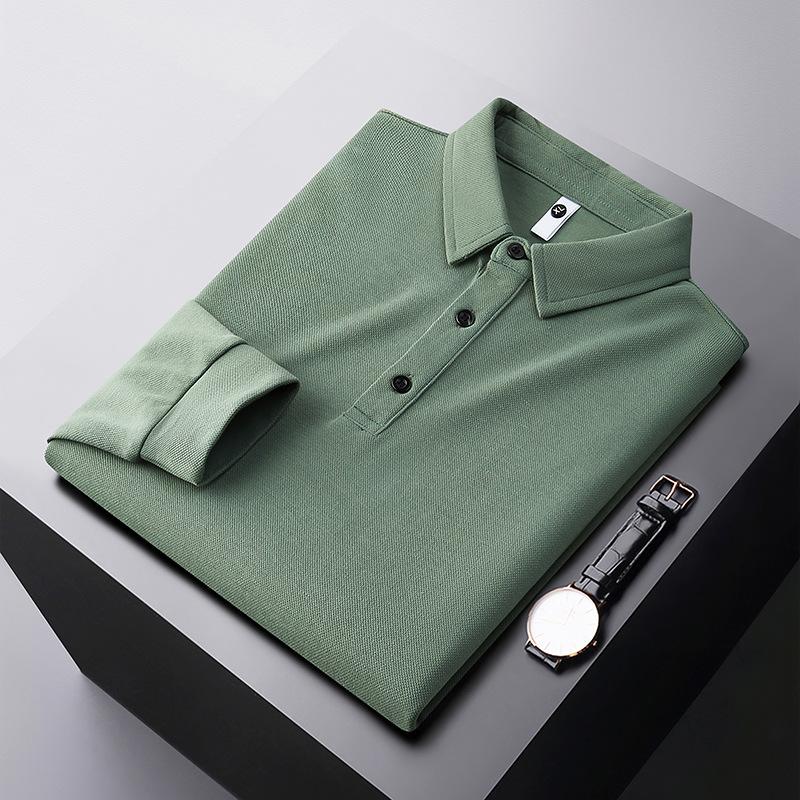 

Высококачественная однотонная футболка с длинными рукавами, мужская, весенняя, с лацканами, зеленая, для среднего возраста, деловая, повседневная, удобная, универсальная 4XL