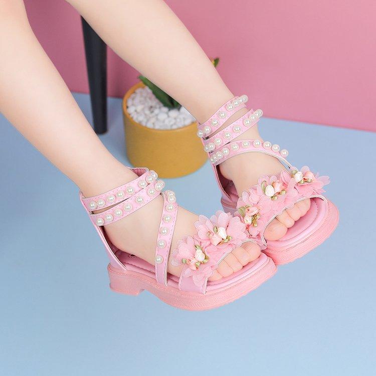 Children's Beach Shoes Breathable Summer Girls Flowers Sweet Cute Sandals Soft Sole Roman Shoes Middle Older Kids Princess Shoes