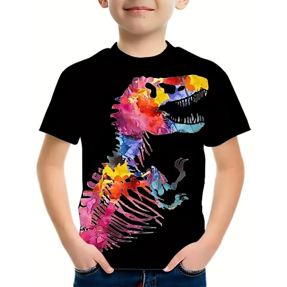Boy realistic 3D dinosaur print children's short sleeved summer casual top loose T-shirt children's clothing