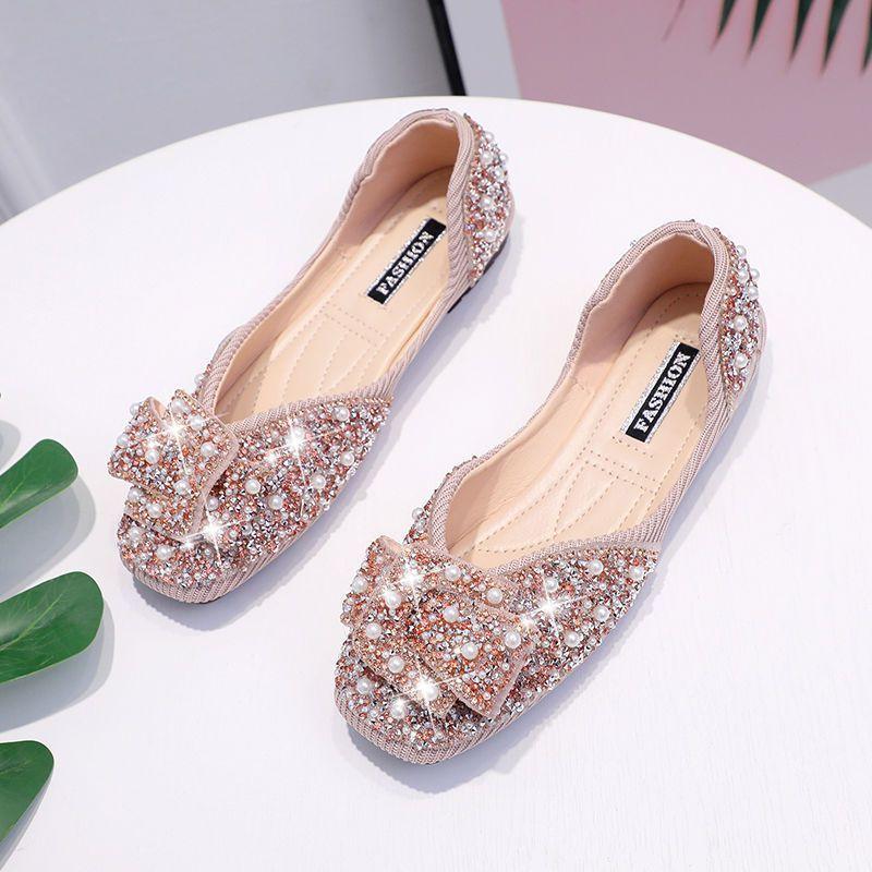 Single shoes soft-soled shoes fashion shallow mouth single shoes 2025 autumn new pearl rhinestones