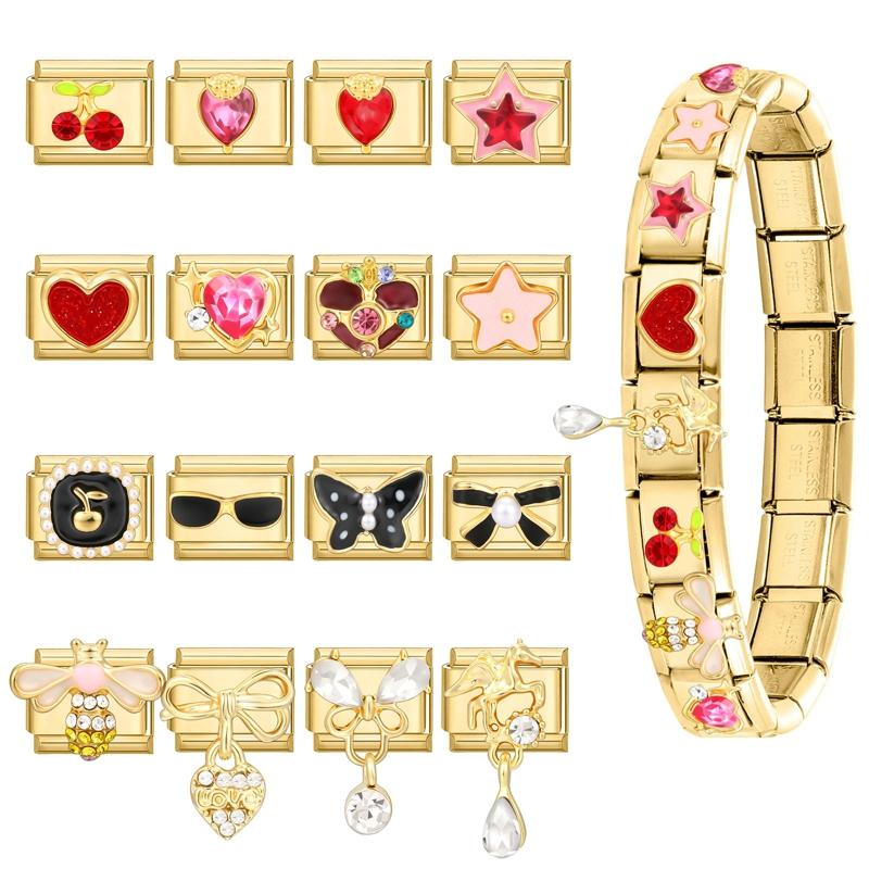 Vintage Zircon Cherry Heart Butterfly Star Bee Golden Italian Charm Links Fit 9mm Stainless Steel Bracelet Women DIY Making Gift