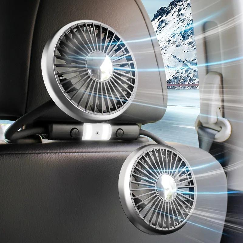 360° Adjustable Car Fan With LED Light USB Dual Head Cooling Air Fan Independent Switch 3-Speed Auto Headrest Fan For Rear Seat